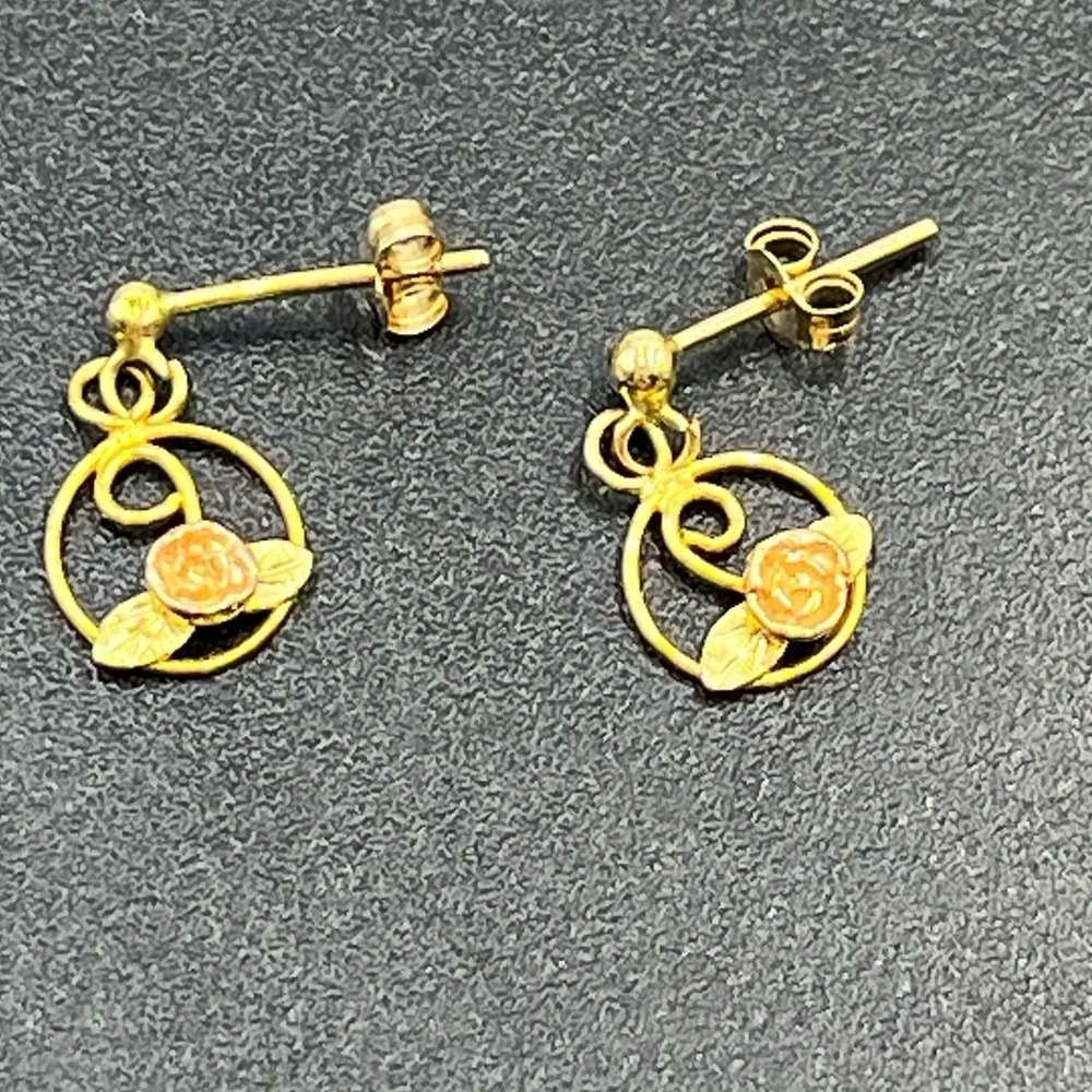 Black Hills Gold RGC 14K Vintage Marked Rose‎ Flower Dangle Petite Earrings